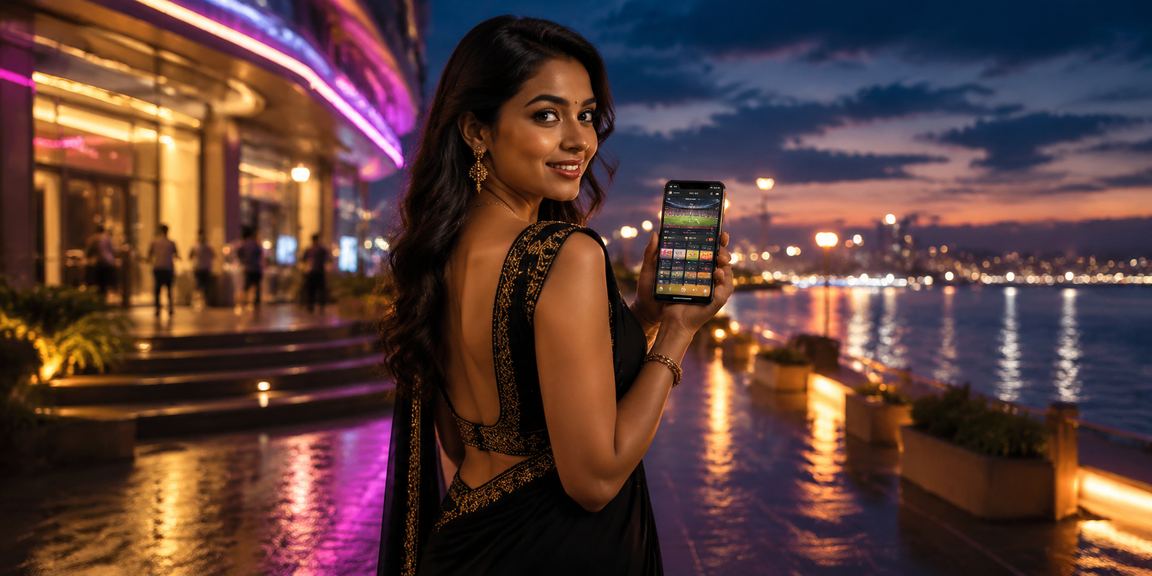Neon style casino application running on smartphone at Chennai Marina Beach