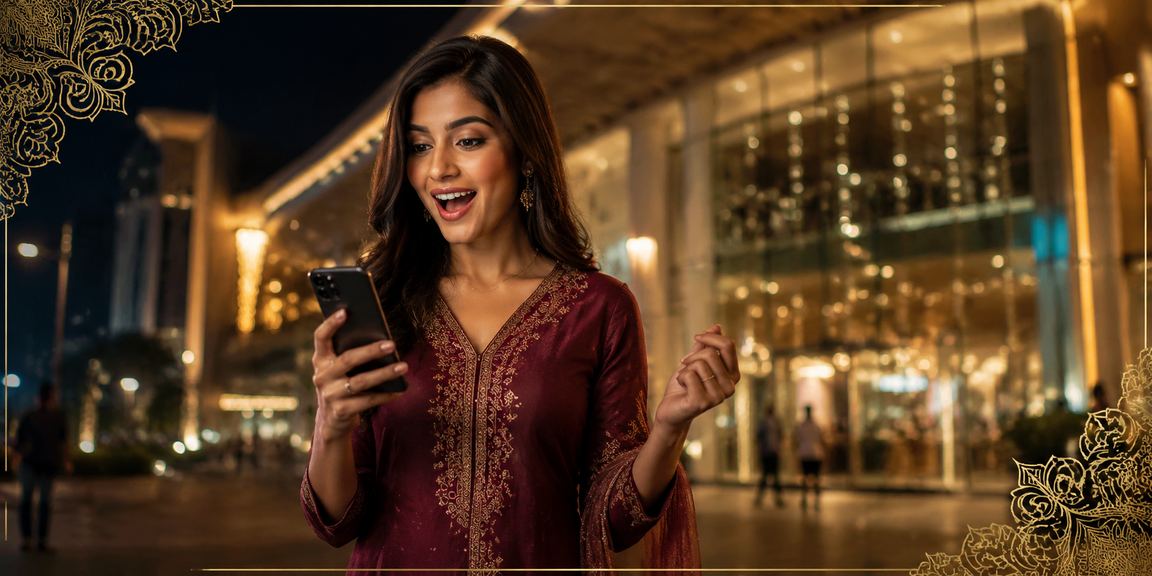 Female user enjoying online rummy gaming on a smartphone in Delhi