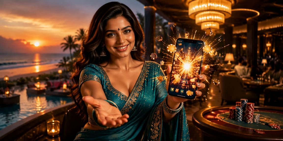 Mobile casino application shown on a smartphone at a beach in Goa