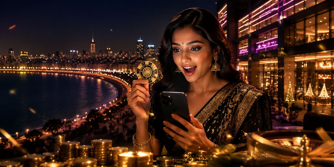 Nighttime view of Mumbai Marine Drive with cashback promotion light effects